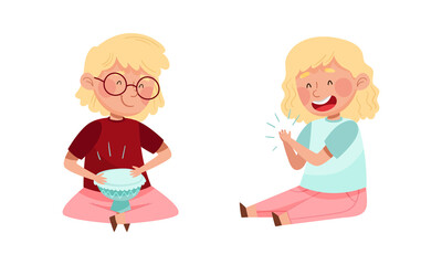 Cute kids playing music set. Happy little girls performing with drums and clapping hands vector illustration