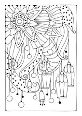 Art therapy background for coloring. Black and white illustration. Flower coloring page.