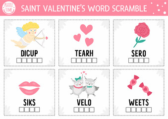 Fototapeta na wymiar Vector Saint Valentine word scramble activity page. English language game with cupid, heart, rose, loving pair for kids. Love holiday family quiz. Simple educational printable worksheet..