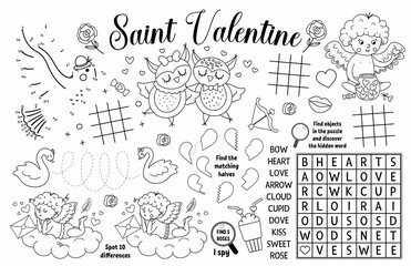 Vector Saint Valentine placemat for kids. Love holiday printable activity mat with maze, tic tac toe charts, connect the dots, find difference. Black and white play mat or coloring page.