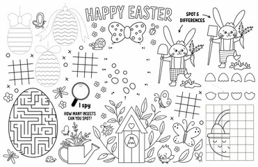 Vector Easter placemat for kids. Spring holiday printable activity mat with maze, tic tac toe charts, connect the dots, find difference. Black and white play mat or coloring page.