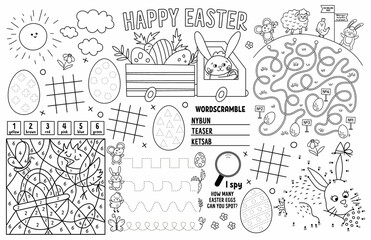 Vector Easter placemat for kids. Spring holiday printable activity mat with maze, tic tac toe charts, connect the dots, find difference. Black and white play mat or coloring page.