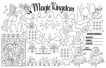 Vector Magic kingdom placemat for kids. Fairytale printable activity mat with maze, tic tac toe charts, connect the dots, find difference. Black and white play mat or coloring page.