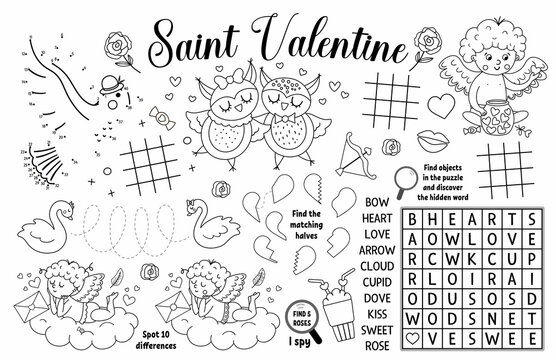 Vector Saint Valentine placemat for kids. Love holiday printable activity mat with maze, tic tac toe charts, connect the dots, find difference. Black and white play mat or coloring page.