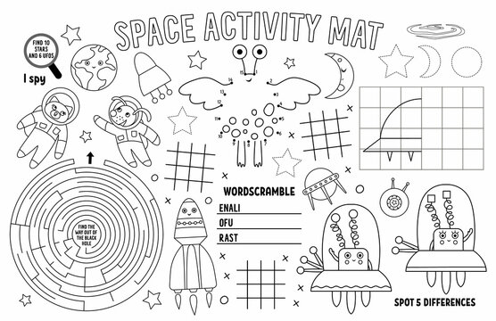 Vector space placemat for kids. Fairytale printable activity mat with maze, tic tac toe charts, connect the dots, find difference. Black and white play mat or coloring page.