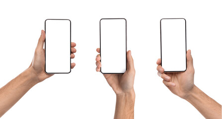 Obraz na płótnie Canvas Male hands showing smartphone with empty screens, closeup