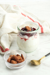 Risalamande, Traditional Danish Dessert Served at Christmas Dinner and Julefrokost. Made of Rice Pudding Mixed with Whipped Cream, Sugar, Vanilla, and Chopped Almonds. 