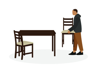 Male character with a chair in his hands near a table and a chair on a white background