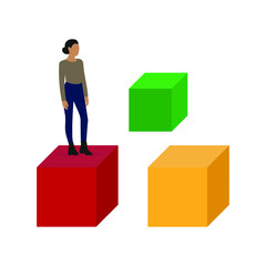 Female character stands on one of three huge cubes on a white background