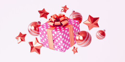 New Years composition with Christmas toys and a gift box with a bow. 3d illustration is made in red and pink colors of shiny materials.