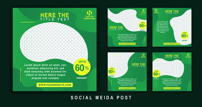 Set of editable square flyer template. Green and yellow background color in the shape of a curved line. Suitable for social media posts and internet ads. Vector illustration with photographic college
