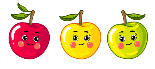 Apple vector flat cartoon character illustration. Funny happy cute happy little fruits icon for kids. Isolated on a white background. red, yellow, green apple. - 474538106