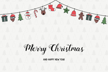 Fototapeta na wymiar Xmas greeting card. Christmas decoration with hanging ornaments. Vector