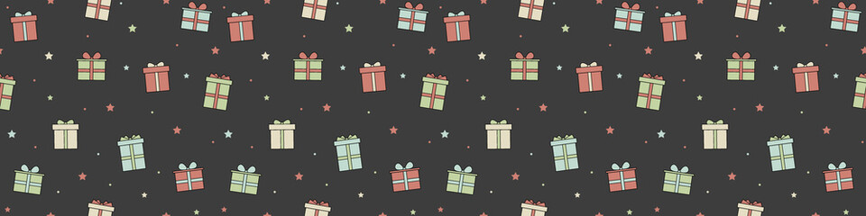 Christmas wrapping paper with presents and stars. Seamless pattern. Banner. Vector