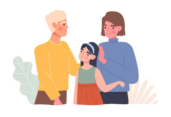 Family with adopted girl. Young couple took baby home. Caring for homeless people and orphanage children, charity. Group of happy characters, daughter hugs parents. Cartoon flat vector illustration