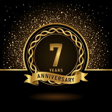 7th anniversary logo template Vector design birthday celebration, Golden anniversary emblem with ribbon. Design for booklet, leaflet, magazine, brochure, poster, web, invitation or greeting card.