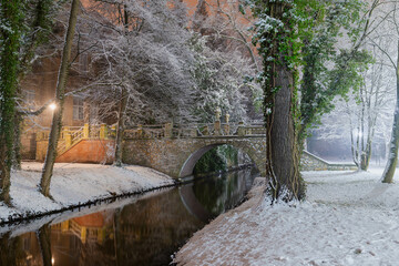 Kamienny mostek nad rzeką w parku dworskim w mieście Iłowa, w Polsce. Na ziemi i gałęziach drzew leży warstwa śniegu. Jest noc.