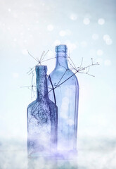 Two  glass bottles with thin twig dry plant  on the table on a light transparent background. Still...