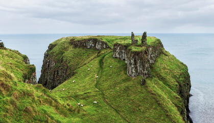 Panoramic view of ancient Dunseverick Castle Ruins in County Antrim Northern Ireland