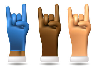 3d cartoon hands Sign of the Horns. 3d hand icon set. 3d cartoon hand in a medical glove.
