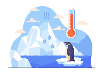 Global warning concept. Penguin standing on ice floe that separates from coast. Metaphor for environmental or nature problems, thermometer shows high temperature. Cartoon flat vector illustration