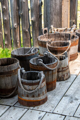 Wooden buckets with rope handles