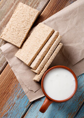 kefir and rye bread on an old rustic table