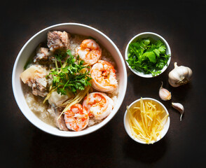 Thai rice soup or shrimp and pork porridge or seafood porridge,  healthy breakfast.