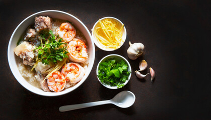 Thai rice soup or shrimp and pork porridge or seafood porridge,  healthy breakfast.