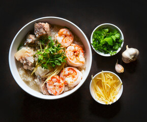 Thai rice soup or shrimp and pork porridge or seafood porridge,  healthy breakfast.