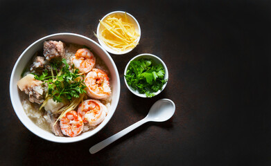 Thai rice soup or shrimp and pork porridge or seafood porridge,  healthy breakfast.