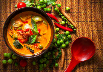 Thailand tradition red curry with beef,pork or chicken menu in thai Curry menu with coconut milk.Panaeng Curry with Pork.Thai style food. - obrazy, fototapety, plakaty
