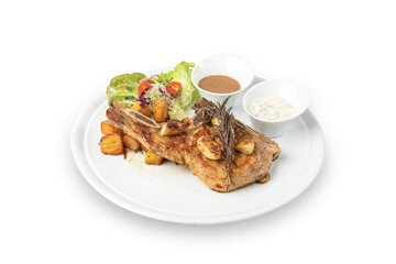 Grilled steak pork chop with boiled potatoes and vegetable salad