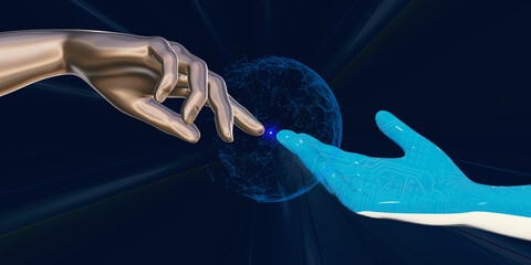 Naklejka premium Image of hands reaching for each other through the Metaverse concept VR glasses. virtual world 3D illustration