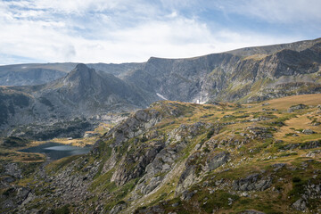 Scenic view of Rila mountain peaks and mountain ridges on the hike of seven Rila lakes