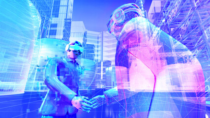 Business man wear virtual glasses is shaking hand with hologram avatar graphic in digital multiverse cyberspace , futuristic communication concept. 3D rendering picture.