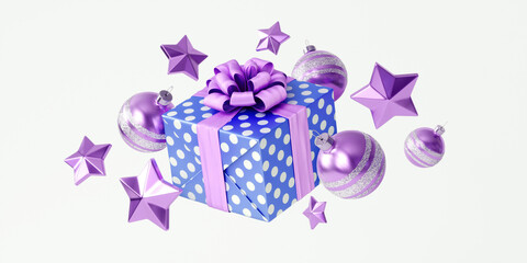 Bright new year composition with Christmas toys and a gift box with a bow. The 3d illustration is made of shiny materials, in purple and blue colors