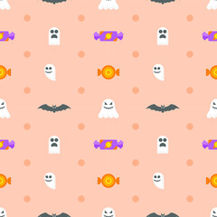 Abstract Doodle Seamless Pattern 
Halloween Spirits, Ghousts, Bats, Sweets Fabric Background Decoration Vector Design Style For Prints Textiles, Clothing, Gift Wrap, Wallpaper, Pastel