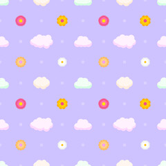 Abstract Doodle Seamless Pattern Clouds With Flowers Nature Sky Fabric Background Decoration Vector Design Style For Prints Textiles, Clothing, Gift Wrap, Wallpaper, Pastel