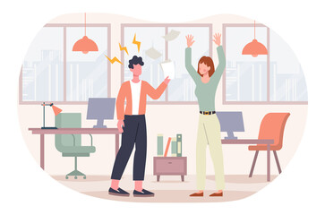 People conflict concept. Girl unhappy with documents that man hands her. Employees yell at each other, boss scolds subordinate. Bad relationships between colleagues. Cartoon flat vector illustration
