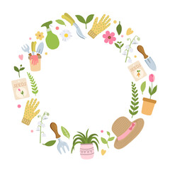 Round wreath, frame with garden tools, clothes, flowers, plants. Isolated on white background. Gardening equipment banner or party invitation framed in a circle. Cute spring wreath card template