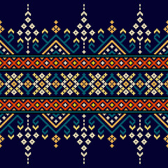 Geometric ethnic pattern. Pixel pattern. Design for clothing, fabric, background, wallpaper, wrapping, batik. Knitwear, Embroidery style. Aztec geometric art ornament print. Vector illustration. - obrazy, fototapety, plakaty