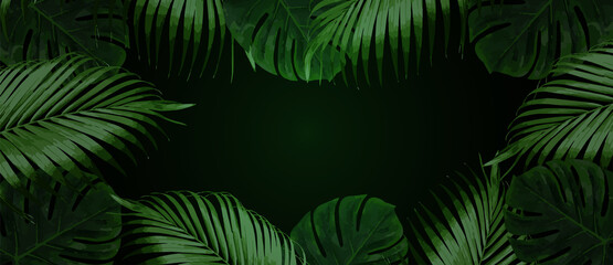 Realistic monstera and palm leaves on dark background. Modern background for your design. Illustration for birthday, party card, invitation, fashion. Copy space for your text.