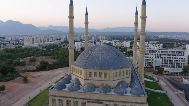 Cityscape of Antalya with blue Mosque. Aerial view from drone.