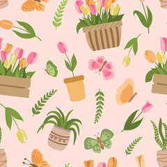 Fototapeta na wymiar Floral pattern with pink, yellow, orange tulips and plants in crates, baskets, pots, colorful butterflies on pink background. Spring gardening background.