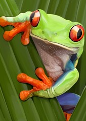 realistic digital painting green frog on a leaf 