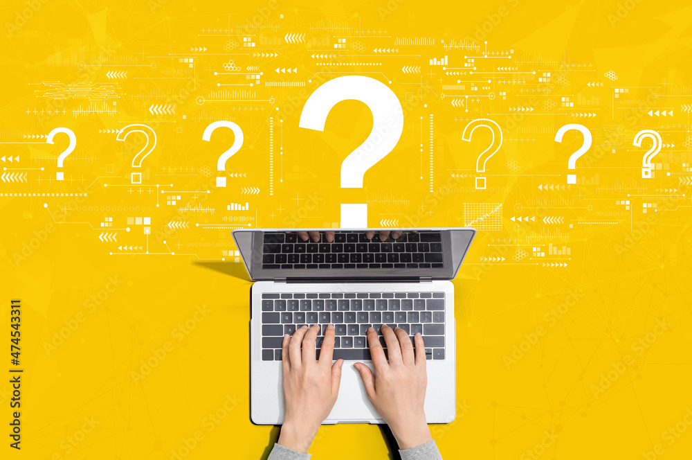 Poster question marks with person using a laptop computer