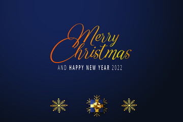Merry Christmas and Happy New Year lettering template. Greeting card invitation with golden snowflakes