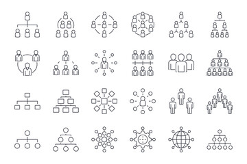 Organization chart hierarchy vector icons. Editable stroke. Organization company head of departments. Enterprise management subordinate structure. Businessman manager employee - obrazy, fototapety, plakaty