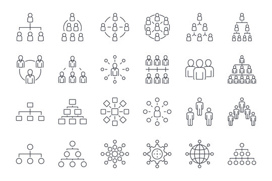 Organization chart hierarchy vector icons. Editable stroke. Organization company head of departments. Enterprise management subordinate structure. Businessman manager employee